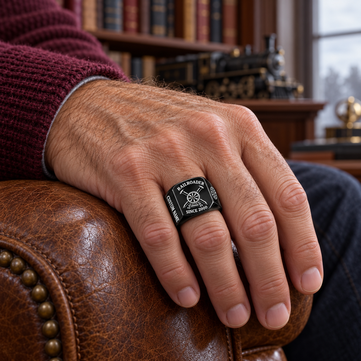 Black Railroader Classic Emblem Name and Year ring worn in a safe off-duty setting