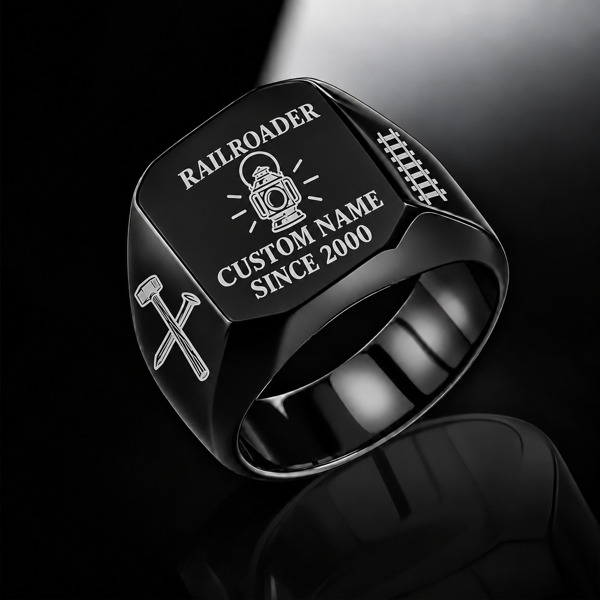 Black Railroader Signature Crest ring with illustrative CUSTOM NAME and SINCE 2000 artwork