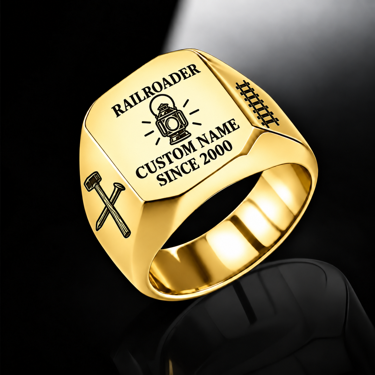 Gold Railroader Signature Crest ring with illustrative CUSTOM NAME and SINCE 2000 artwork