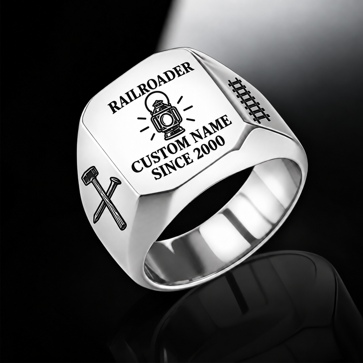 Silver Railroader Signature Crest ring with illustrative CUSTOM NAME and SINCE 2000 artwork