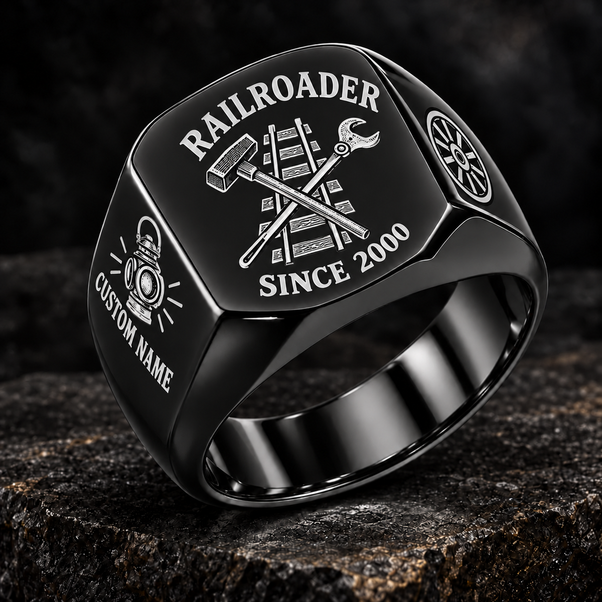 Black Railroader Heritage Emblem ring with illustrative CUSTOM NAME and SINCE 2000 artwork