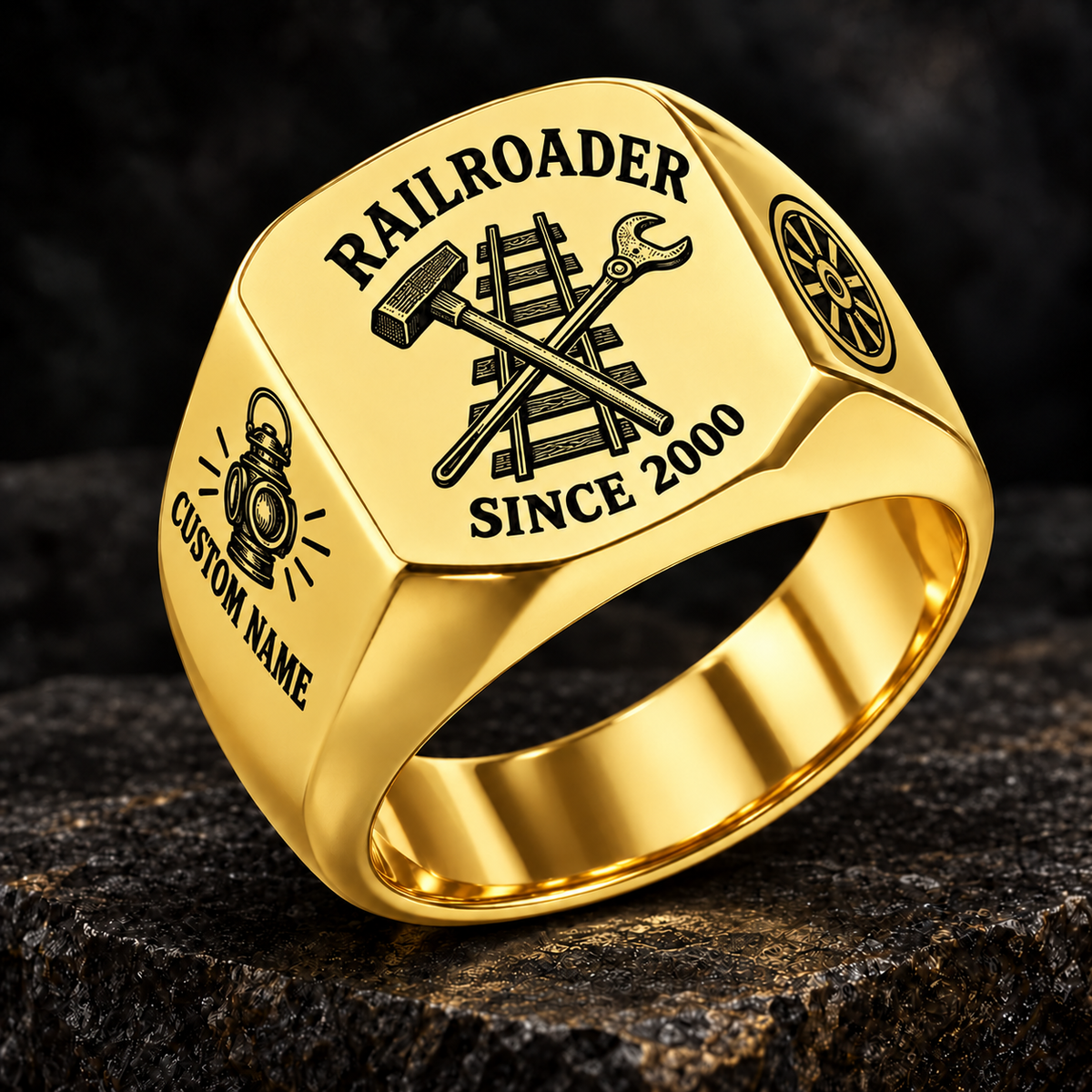 Gold Railroader Heritage Emblem ring with illustrative CUSTOM NAME and SINCE 2000 artwork