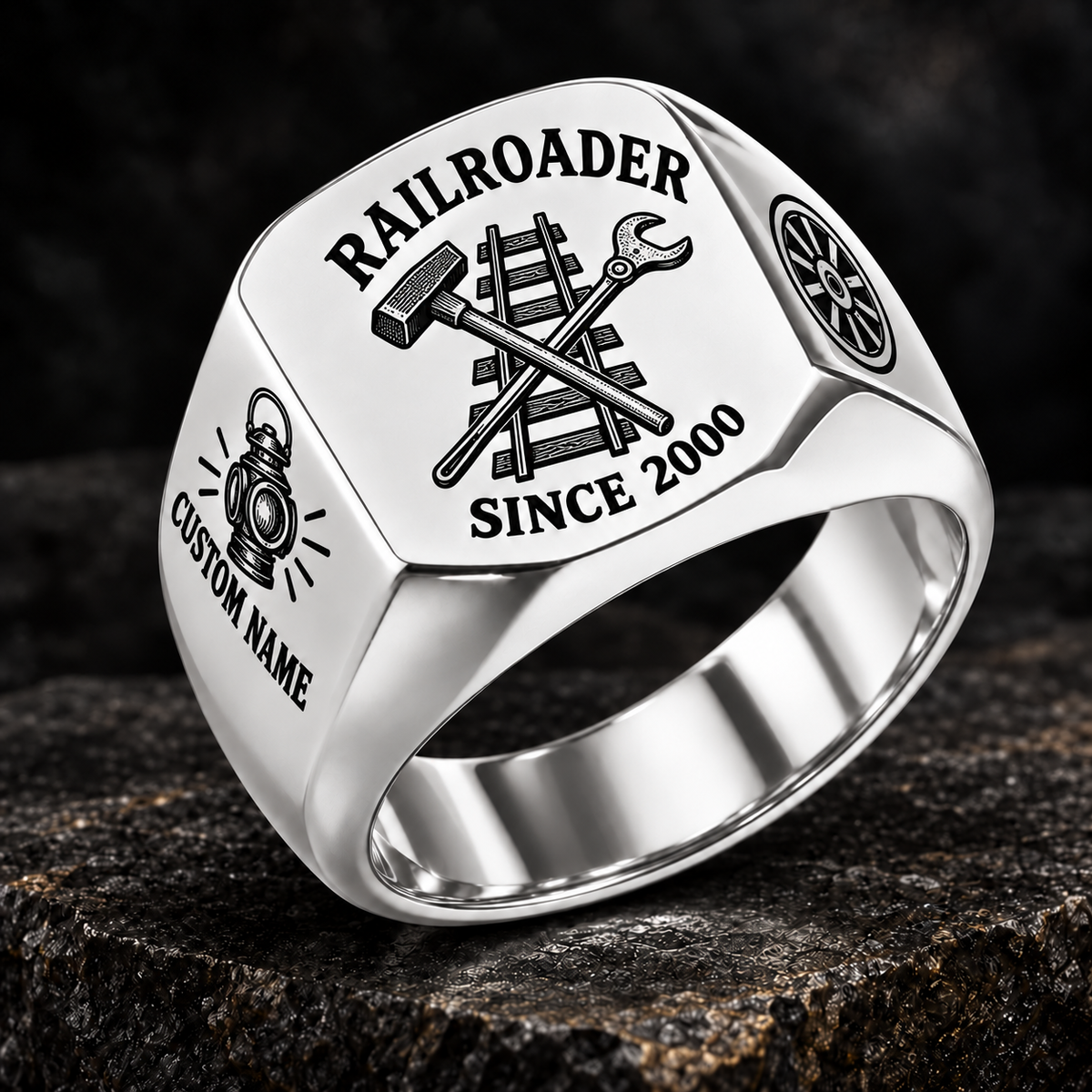 Silver Railroader Heritage Emblem ring with illustrative CUSTOM NAME and SINCE 2000 artwork