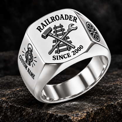 Silver Railroader Heritage Emblem ring with illustrative CUSTOM NAME and SINCE 2000 artwork