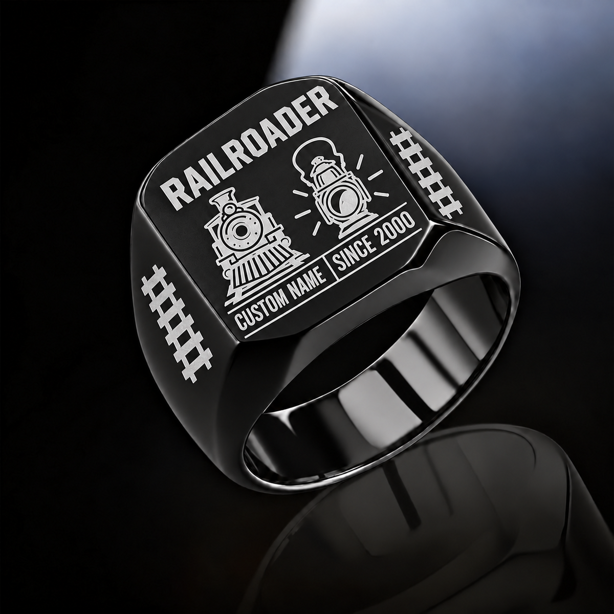 Black Railroader Twin Icons ring with illustrative CUSTOM NAME and SINCE 2000 artwork