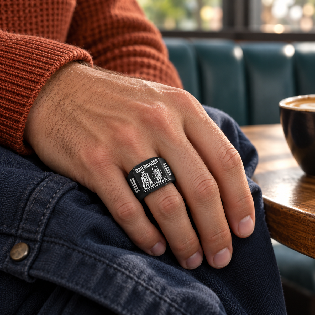 Black Railroader Twin Icons ring worn in a safe off-duty setting