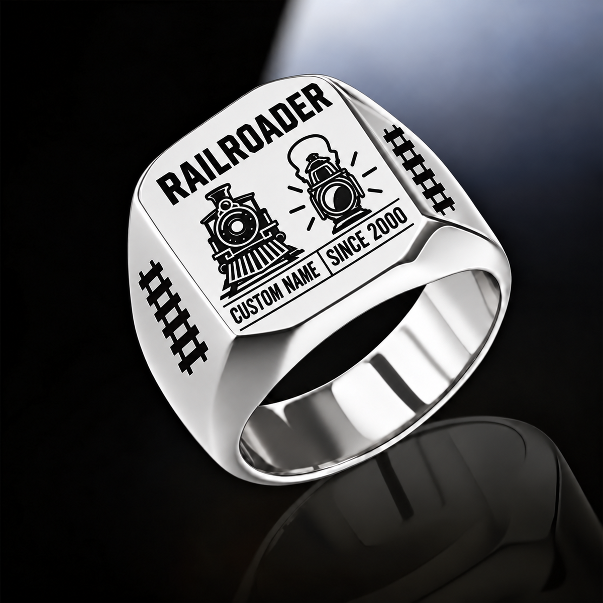 Silver Railroader Twin Icons ring with illustrative CUSTOM NAME and SINCE 2000 artwork