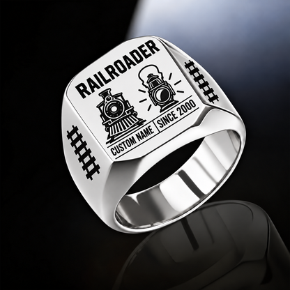 Silver Railroader Twin Icons ring with illustrative CUSTOM NAME and SINCE 2000 artwork