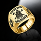Gold Railroader Bold Lettering ring with a front-facing locomotive over crossed railway-tool silhouettes, framed by bold name and profession lettering, with railway lantern and track shoulder motifs, with illustrative CUSTOM NAME and SINCE 2000 artwork