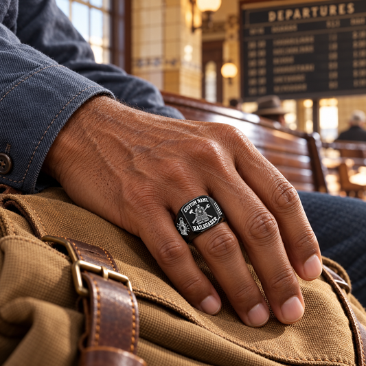 Black Railroader Bold Lettering ring worn in a safe off-duty railway-themed leisure setting