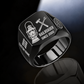 Black Railroader Split Emblem ring with an asymmetric railway lantern and crossed railway-tool composition, with the name on the left shoulder below a track motif and a rail-wheel emblem on the right shoulder, with illustrative CUSTOM NAME and SINCE 2000 artwork
