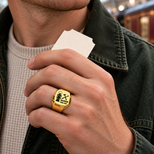 Gold Railroader Split Emblem ring worn in a safe off-duty railway-themed leisure setting