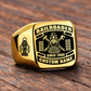 Gold Railroader Black Face Badge ring with a black badge-style face with a locomotive over crossed railway-tool silhouettes, flanking track motifs and a railway lantern on the left shoulder, with illustrative CUSTOM NAME and SINCE 2000 artwork