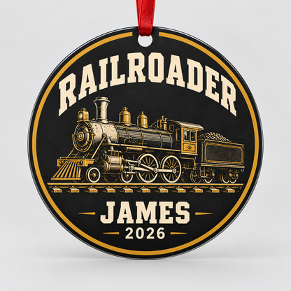 Standalone Railroader round aluminum ornament concept with printed locomotive, JAMES 2026 and red ribbon; not a sample photo