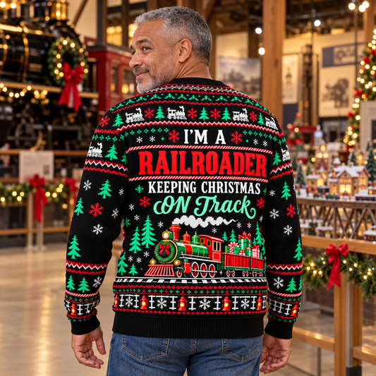 Adult showing the back of a Railroader Keeping Christmas On Track sweater in a railway museum holiday display
