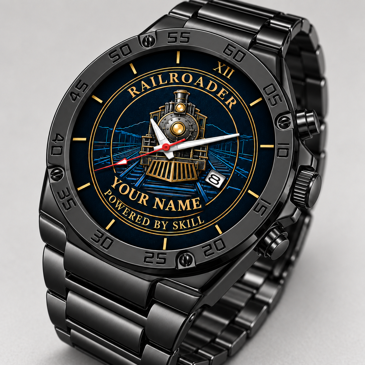 Personalized Railroader Stainless Steel Watch - Heritage Dial - black standalone product view