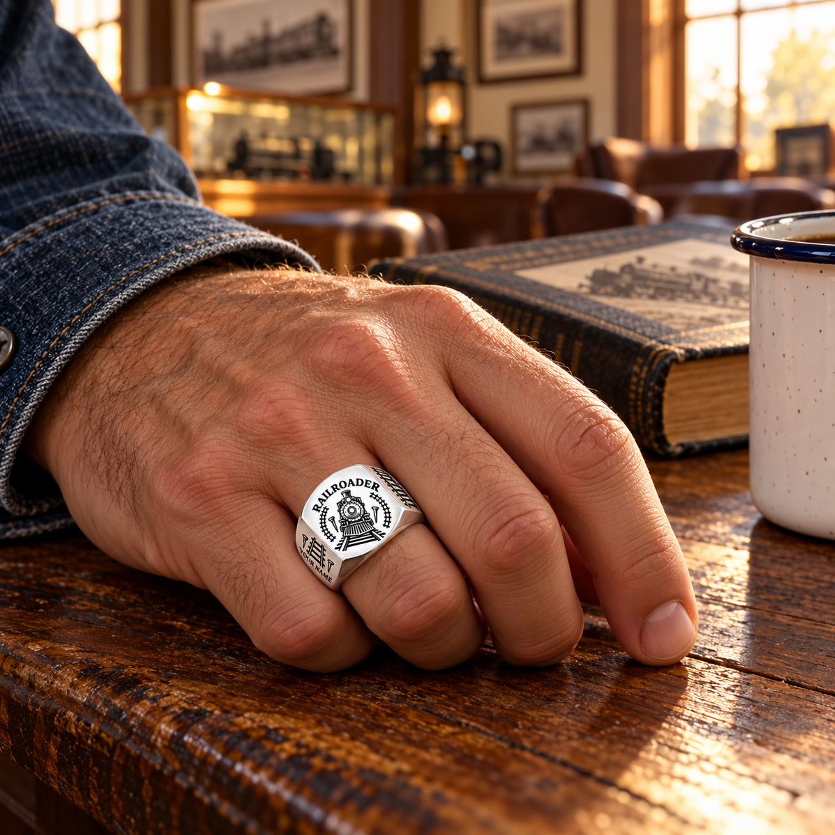 Silver Railroader Classic Emblem ring worn in a safe off-duty setting