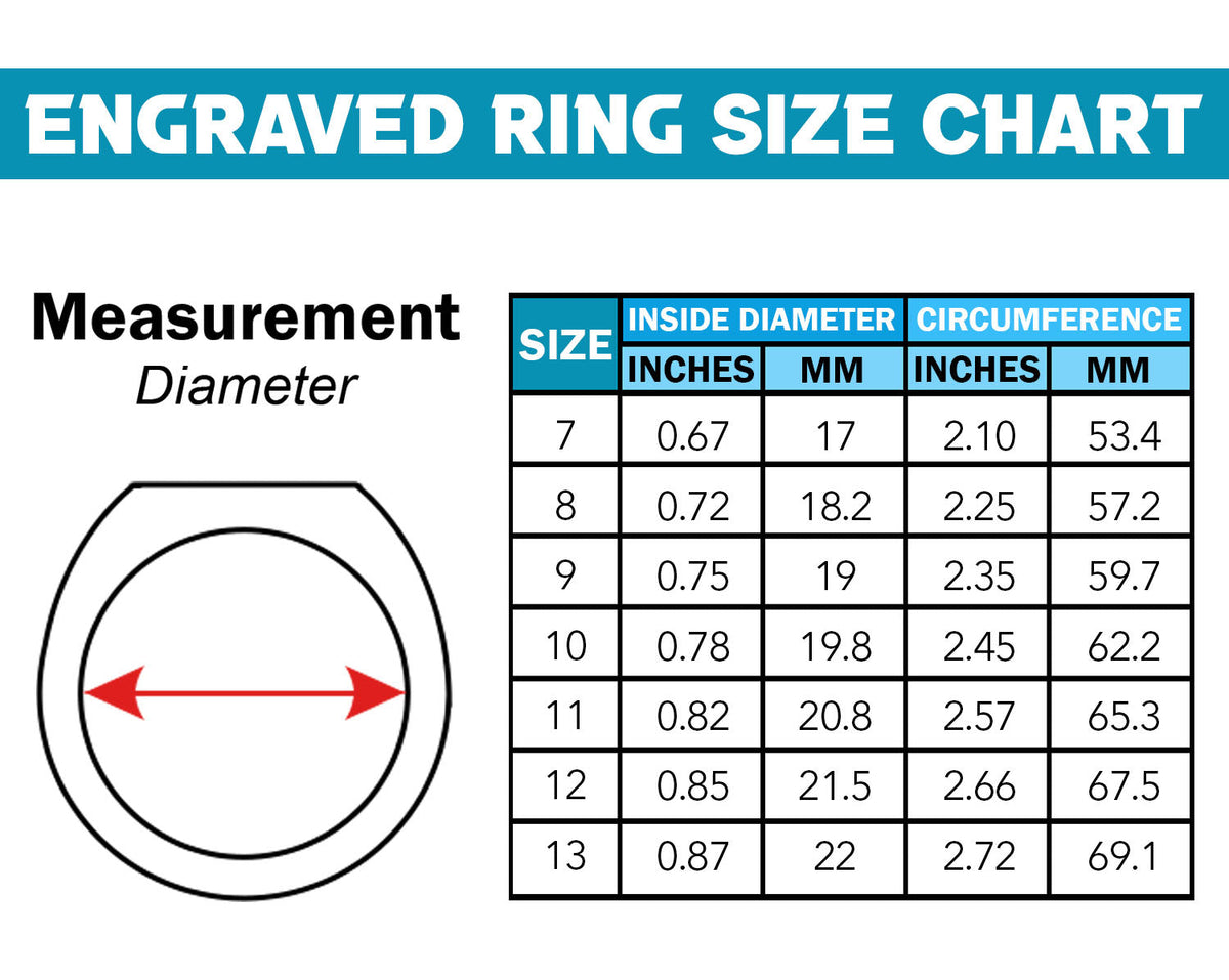 Ring size chart: sizes 7 to 13 with inner diameters in millimeters