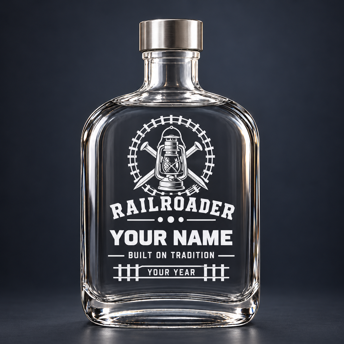 Standalone Railroader empty 20 oz glass bottle with short neck, metal lid and white name-and-year sticker artwork