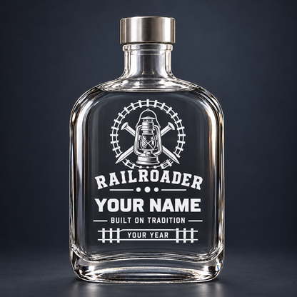 Standalone Railroader empty 20 oz glass bottle with short neck, metal lid and white name-and-year sticker artwork