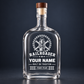 Standalone Railroader empty 30 oz glass bottle with tall neck, wooden lid and white name-and-year sticker artwork