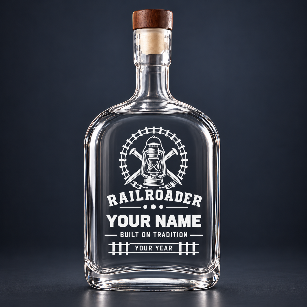 Standalone Railroader empty 30 oz glass bottle with tall neck, wooden lid and white name-and-year sticker artwork