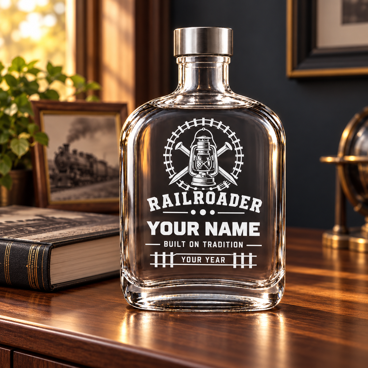 Railroader empty 20 oz glass bottle with a metal lid displayed at home beside railway keepsakes