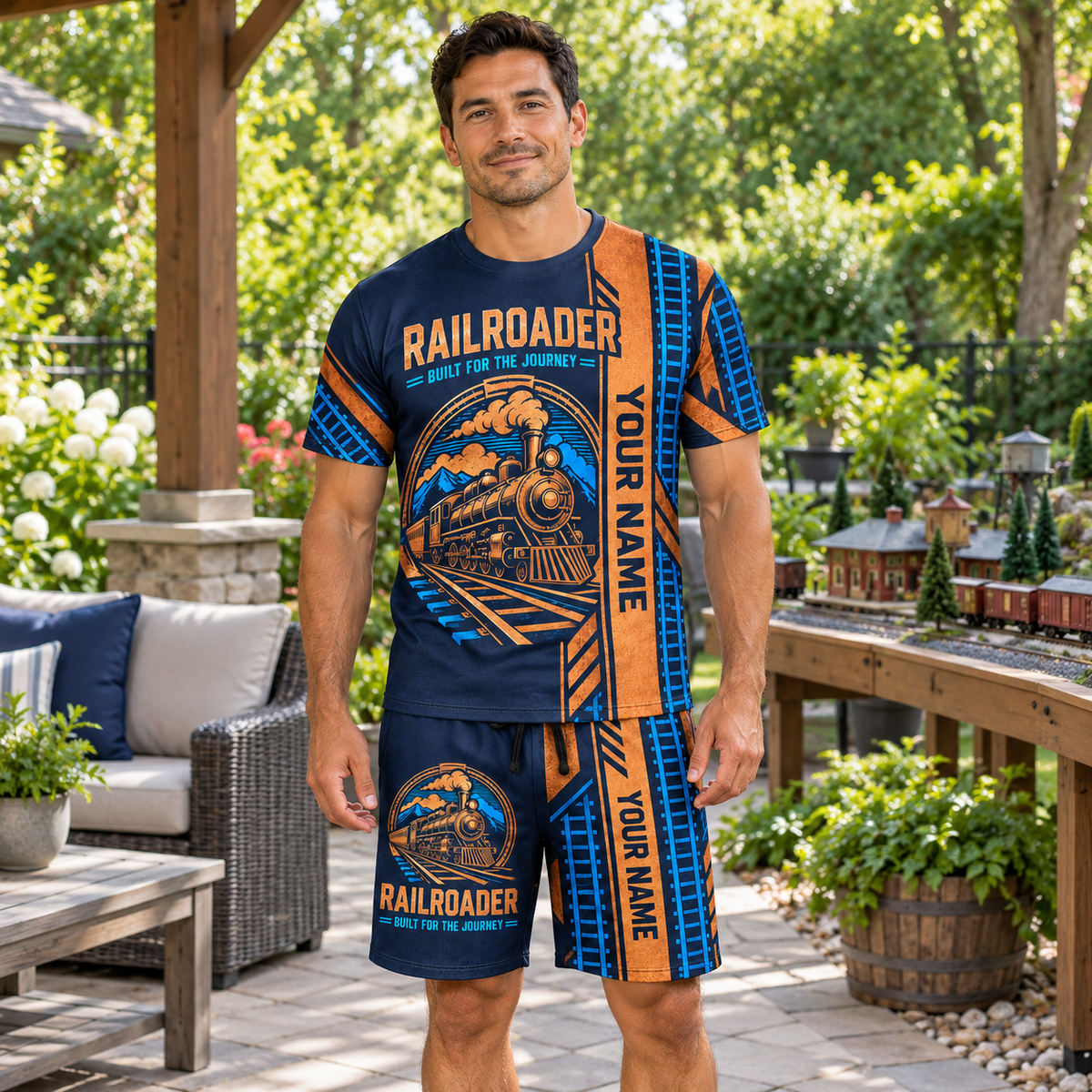 Adult wearing the complete Railroader Split Track T-shirt and shorts set on a backyard patio
