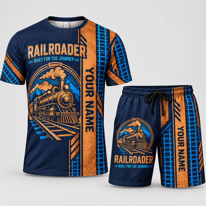 Matching Railroader T-shirt and shorts set front view with YOUR NAME placeholder stripes