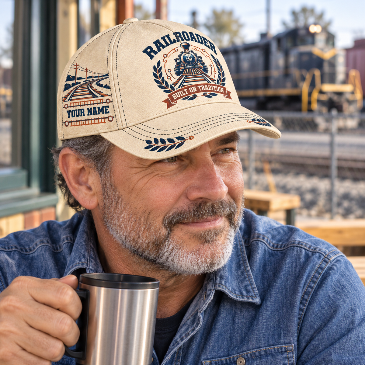 Railroader Vintage Laurel cream baseball cap worn during a safe railway-depot break