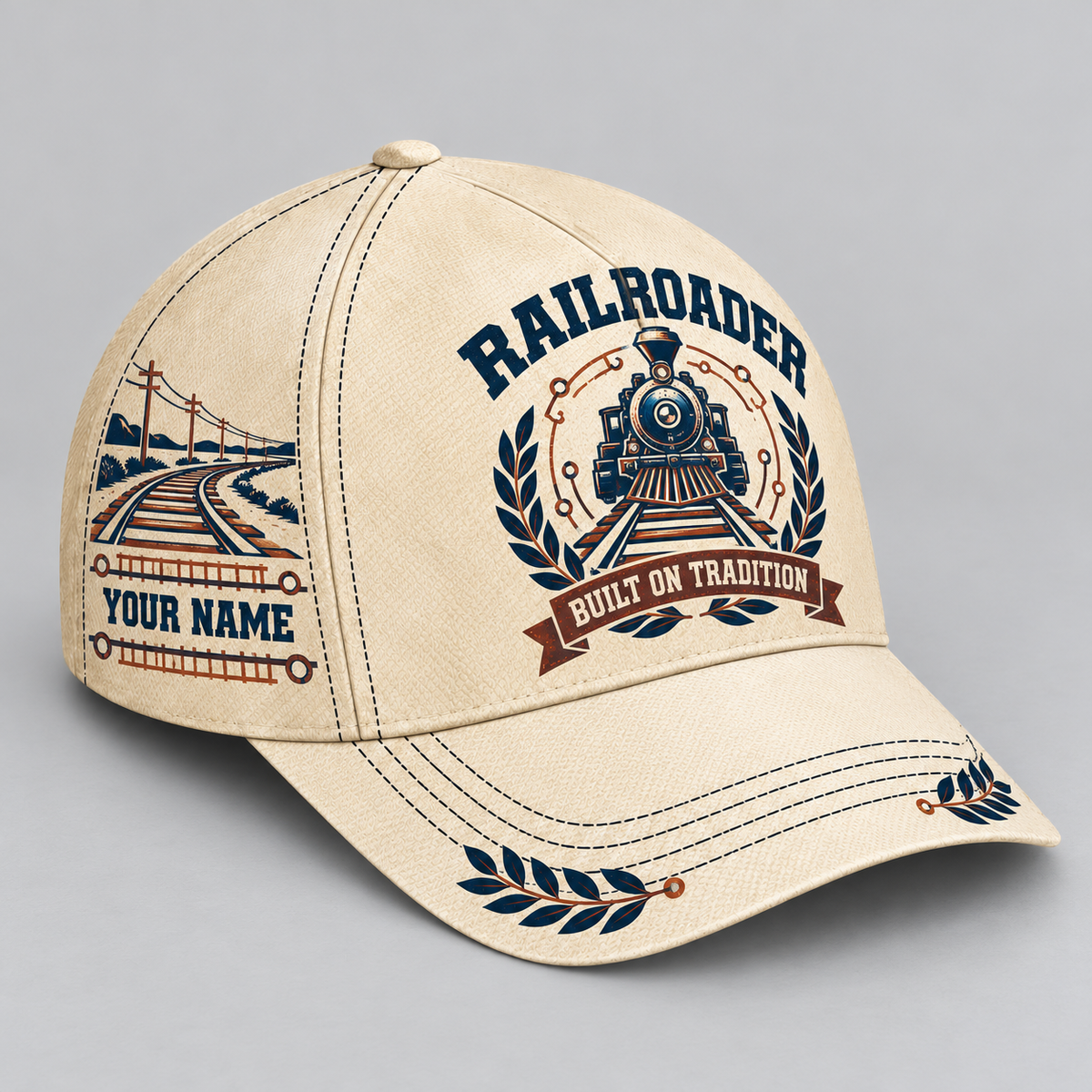 Railroader Vintage Laurel cream baseball cap standalone with locomotive and railway artwork