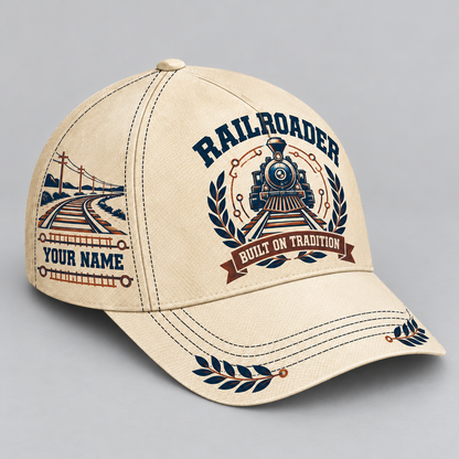 Railroader Vintage Laurel cream baseball cap standalone with locomotive and railway artwork