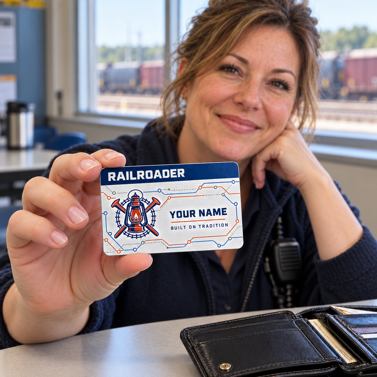 Personalized Railroader Aluminum Wallet Card - Signature Stripe - silver-navy lifestyle hero