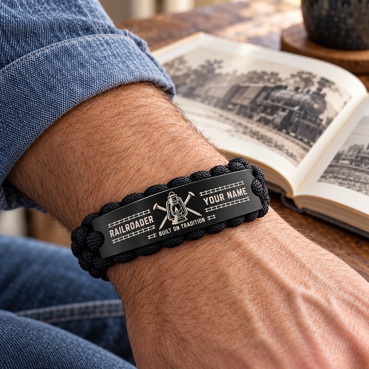 Railroader black braided bracelet worn on a relaxed adult wrist at home beside a railway history book