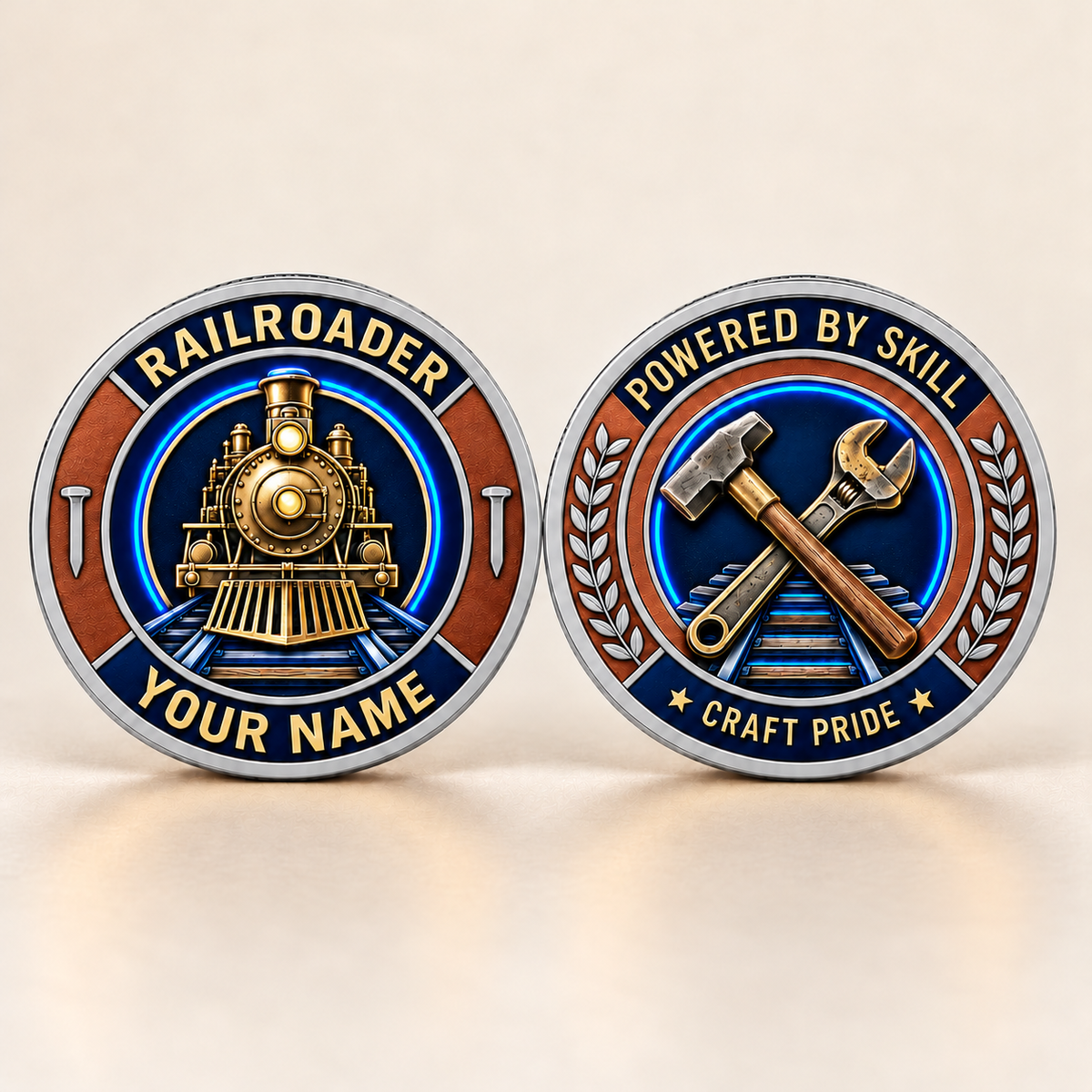 Personalized Railroader Challenge Coin - Heritage Tribute - silver standalone product view