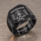 Black Railroader Sunburst Legacy ring with railway lantern, crossed track tools and sunburst artwork and illustrative YOUR NAME and POWERED BY SKILL