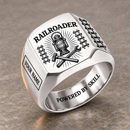 Silver Railroader Sunburst Legacy ring with railway lantern, crossed track tools and sunburst artwork and illustrative YOUR NAME and POWERED BY SKILL