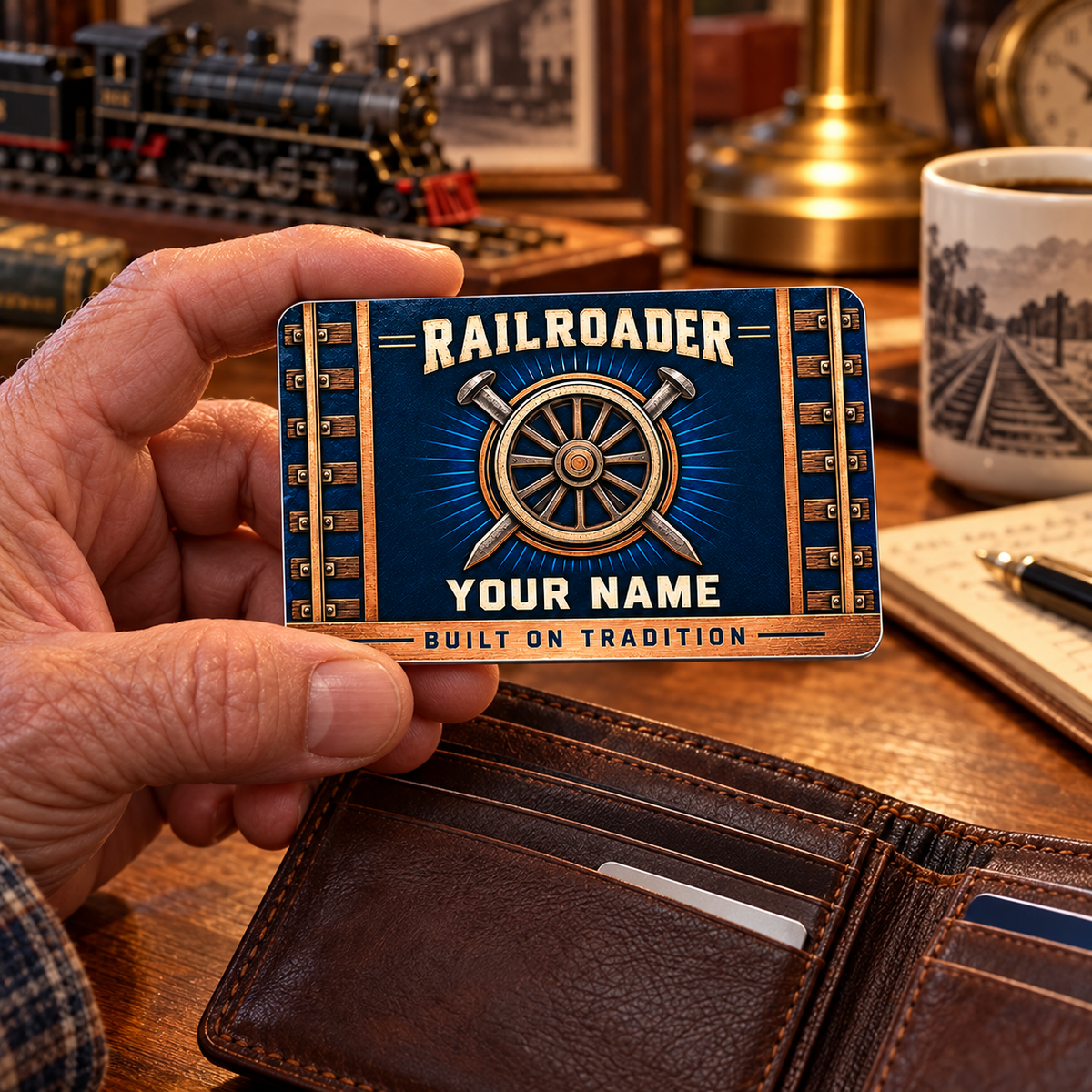 Personalized Railroader Aluminum Wallet Card - Toolmark Heritage - navy-bronze lifestyle hero