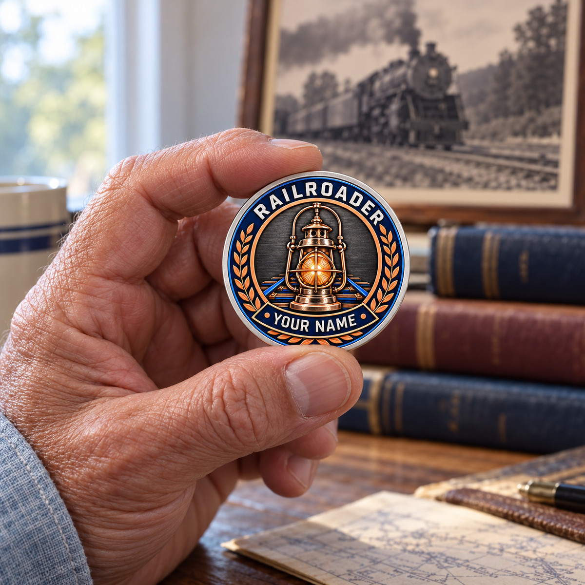 Personalized Railroader Challenge Coin - Legacy Laurel - silver off-duty lifestyle hero
