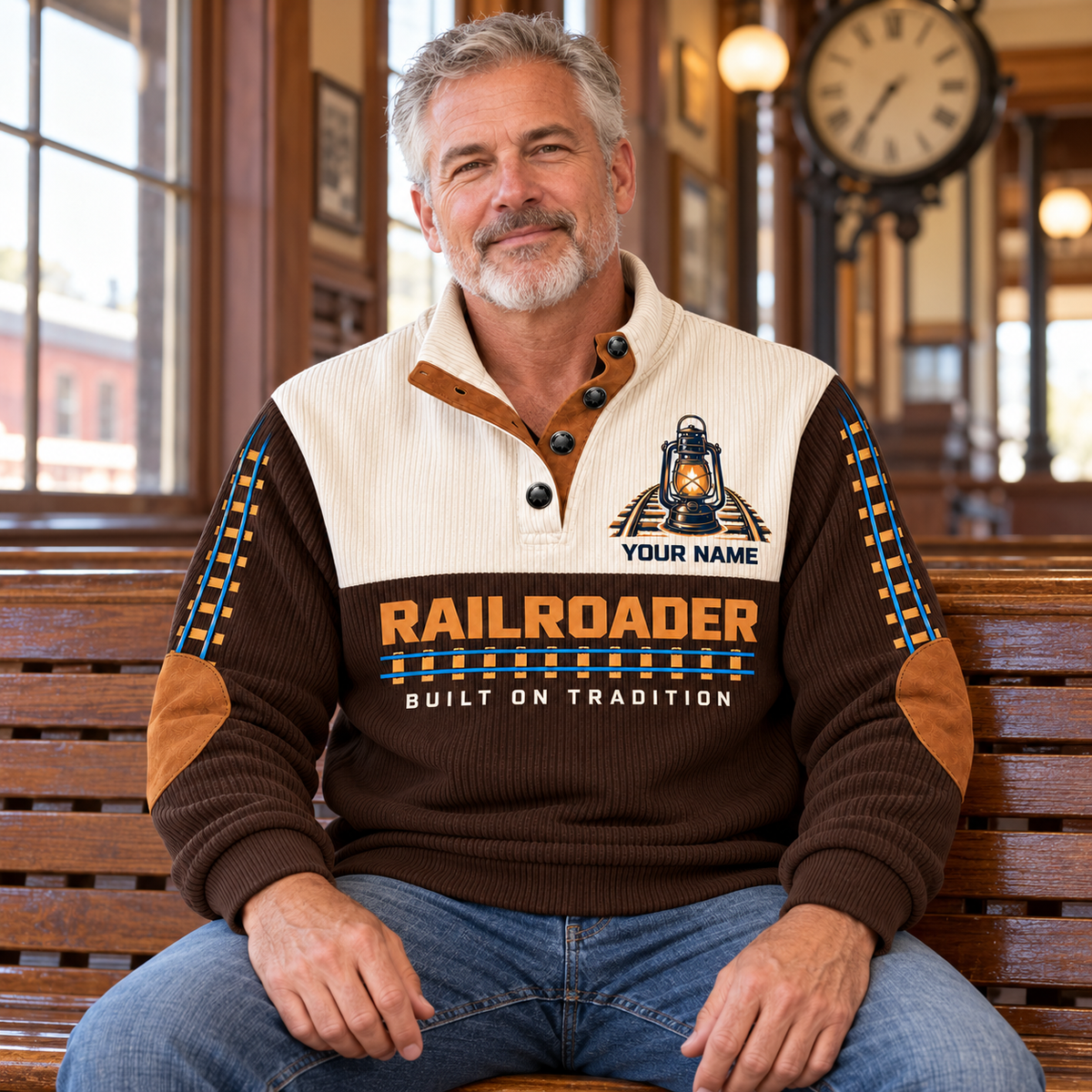 Adult wearing the brown Personalized Railroader Heritage Lantern Sports Sweatshirt in a safe off-duty railway setting