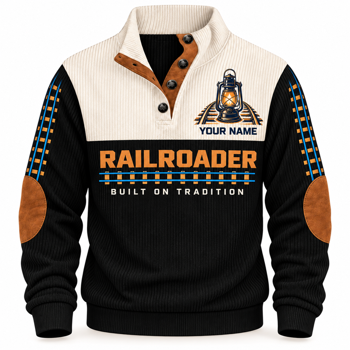 Personalized Railroader Heritage Lantern Sports Sweatshirt — black standalone front with YOUR NAME preview