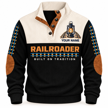 Personalized Railroader Heritage Lantern Sports Sweatshirt — black standalone front with YOUR NAME preview