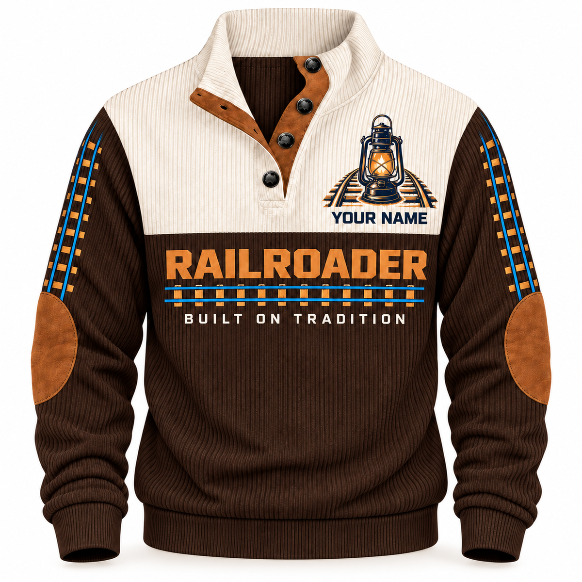 Personalized Railroader Heritage Lantern Sports Sweatshirt — brown standalone front with YOUR NAME preview