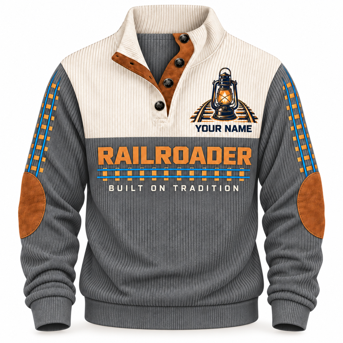 Personalized Railroader Heritage Lantern Sports Sweatshirt — grey standalone front with YOUR NAME preview