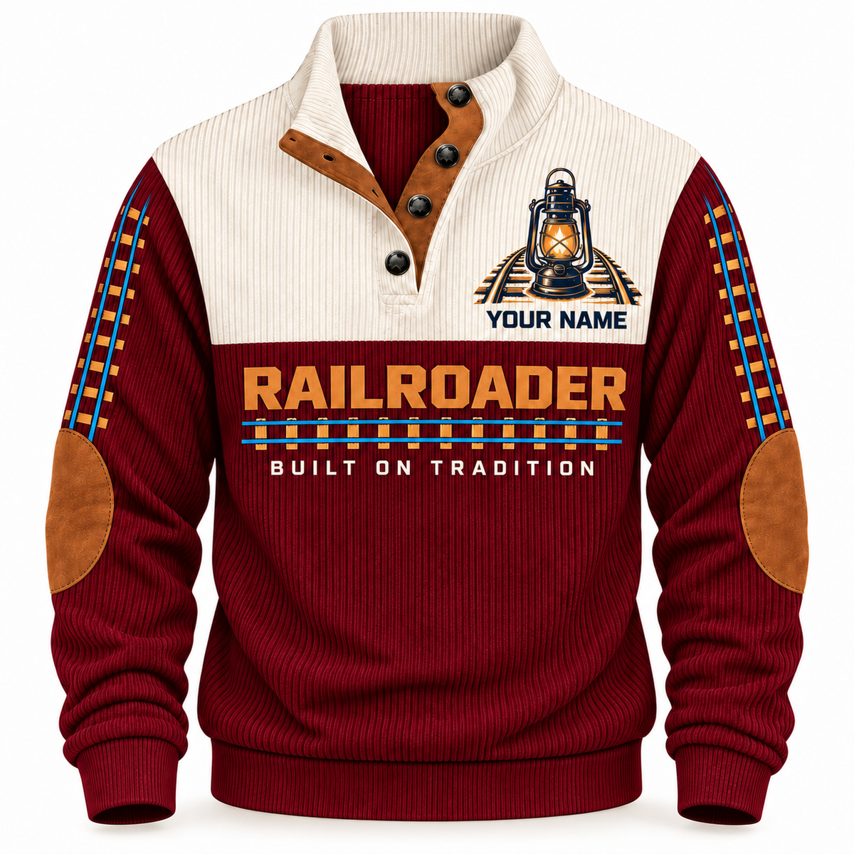 Personalized Railroader Heritage Lantern Sports Sweatshirt — jujube-red standalone front with YOUR NAME preview