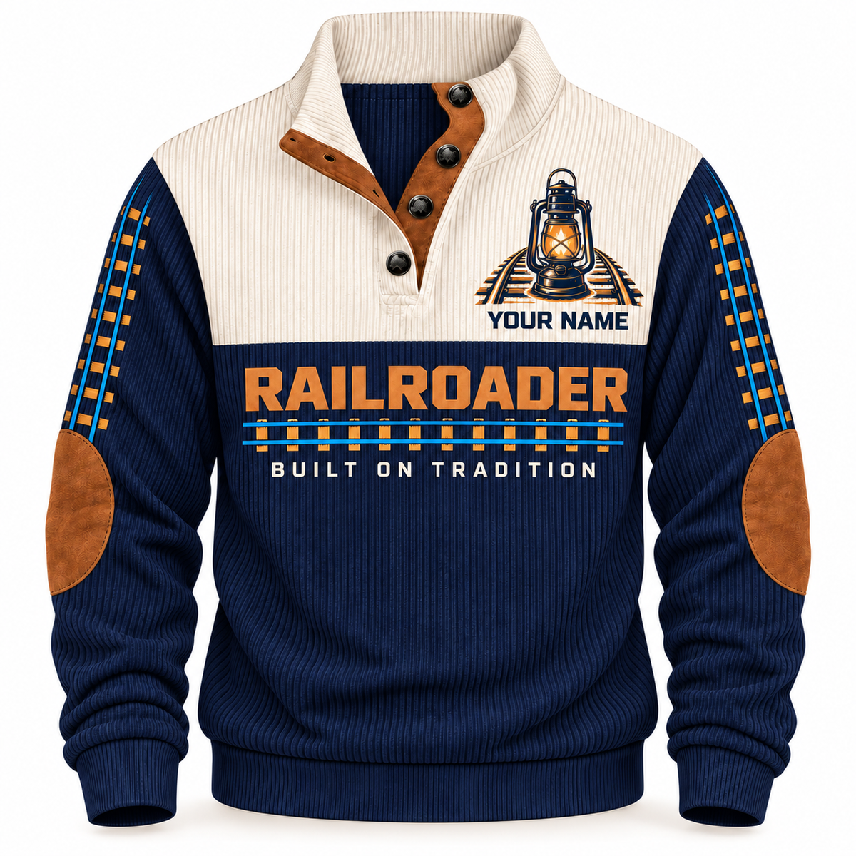 Personalized Railroader Heritage Lantern Sports Sweatshirt — navy standalone front with YOUR NAME preview