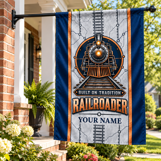 Railroader locomotive house flag hanging safely from a porch pole at a leafy brick home