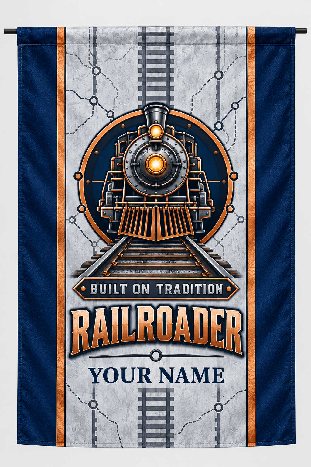 Standalone navy and silver-gray Railroader house flag with copper accents and YOUR NAME preview