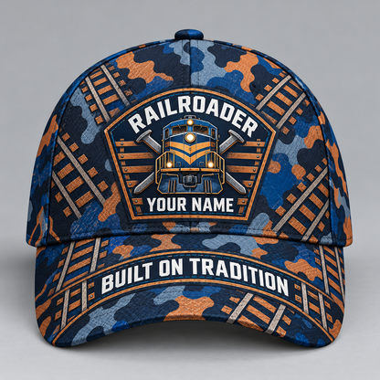 Personalized Railroader Camo Baseball Cap - Patchwork Pride - blue-camo standalone product view