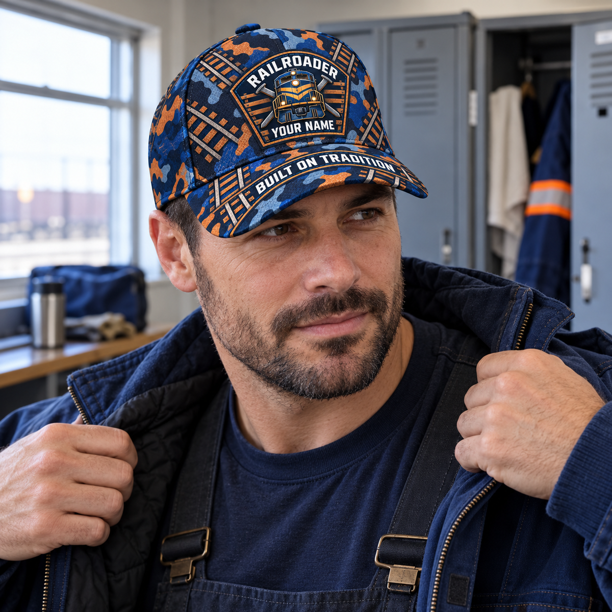 Personalized Railroader Camo Baseball Cap - Patchwork Pride - blue-camo lifestyle hero